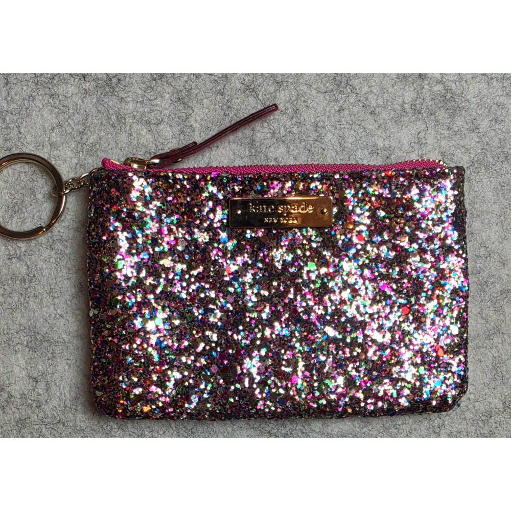 Kate Spade Multi Color Glitter Coin Purse Pouch Key Ring Zip Wallet Pink Lining